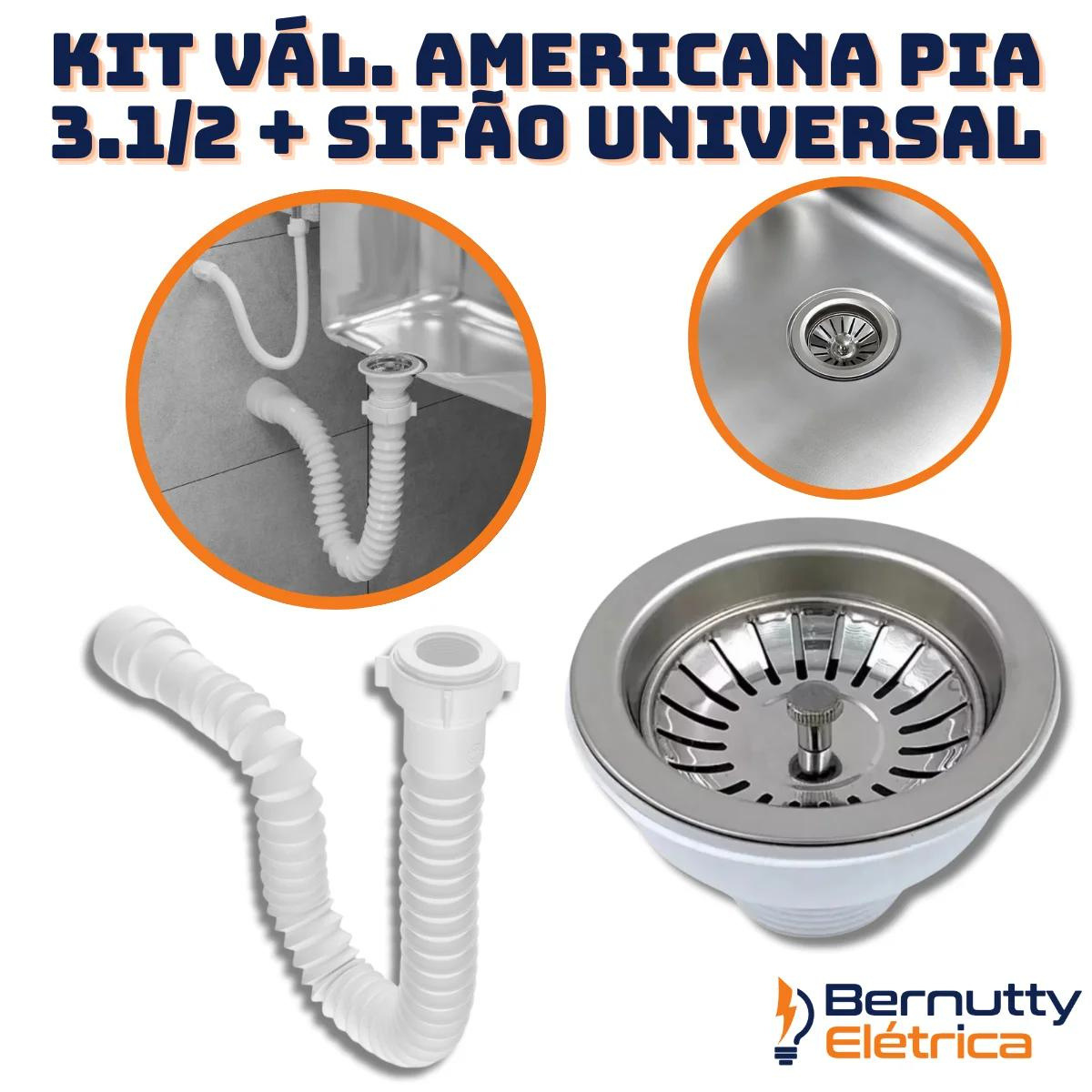 Kit Válvula Americana Inox 3.1/2 + Sifão Extensivo Universal Branco - 2