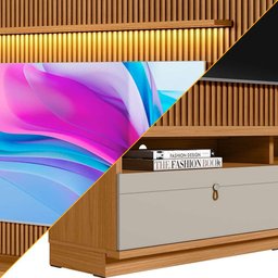 Rack Com Painel Ripado Para TV Até 75 Polegadas Com LED Nature Off White Ouro Preto Linea Brasil - 3