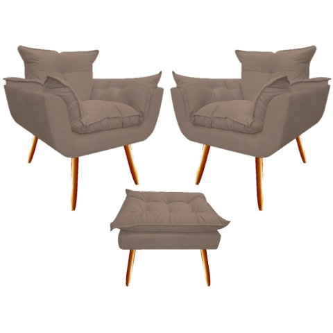 Kit 2 Poltronas + Puff Decorativo Opala Suede Capuccino Pés Madeira Mz Decor