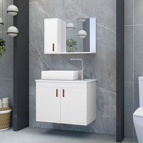 Gabinete para Banheiro com Cuba de Sobrepor e Espelheira 60cm Clean Branco