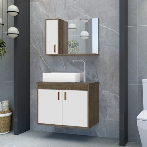 Gabinete para Banheiro com Cuba de Sobrepor e Espelheira 60cm Clean Branco/Avelato