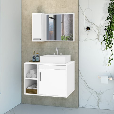 Conjunto Gabinete para Banheiro Suspenso com Cuba de Sobrepor e Espelheira 60cm Dublin Branco