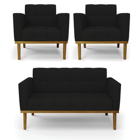 Conjunto 2 Poltronas e 1 Namoradeira Decorativa Karen Pés Fixo em Madeira Castanho Linho Preto G19 -