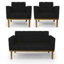 Ver imagem 1 de Conjunto 2 Poltronas e 1 Namoradeira Decorativa Karen Pés Fixo em Madeira Castanho Linho Preto G19 -