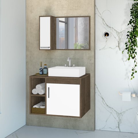 Conjunto Gabinete para Banheiro com Cuba de Sobrepor e Espelheira 60cm Dublin Branco/Avelato