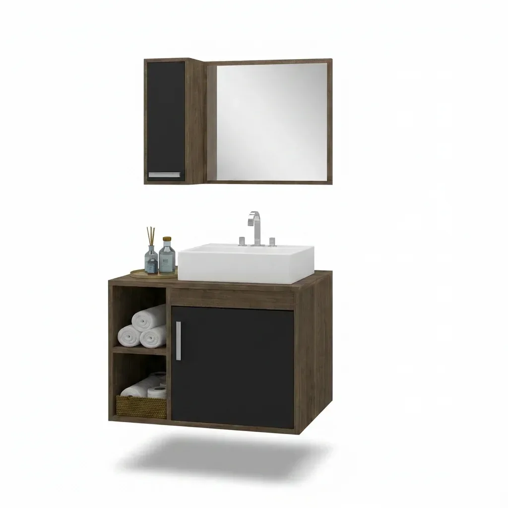 Ver imagem 2 de Conjunto Gabinete para Banheiro com Cuba de Sobrepor e Espelheira 60cm Dublin Preto/Avelato