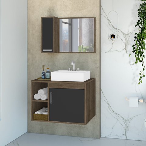 Conjunto Gabinete para Banheiro com Cuba de Sobrepor e Espelheira 60cm Dublin Preto/Avelato