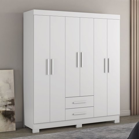 Roupeiro 6 Portas com 2 Gavetas Nt 5130 com Pé Flex Branco/New/Rosa