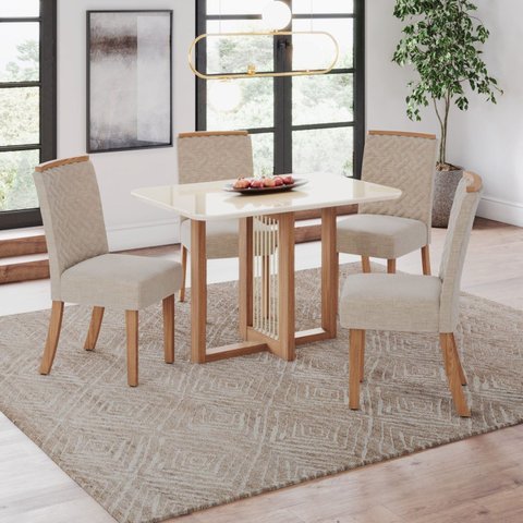 Conjunto Érika Mesa 120 cm Canto Arredondado com Vidro 4 Cadeiras Espresso Móveis Off White/Nature