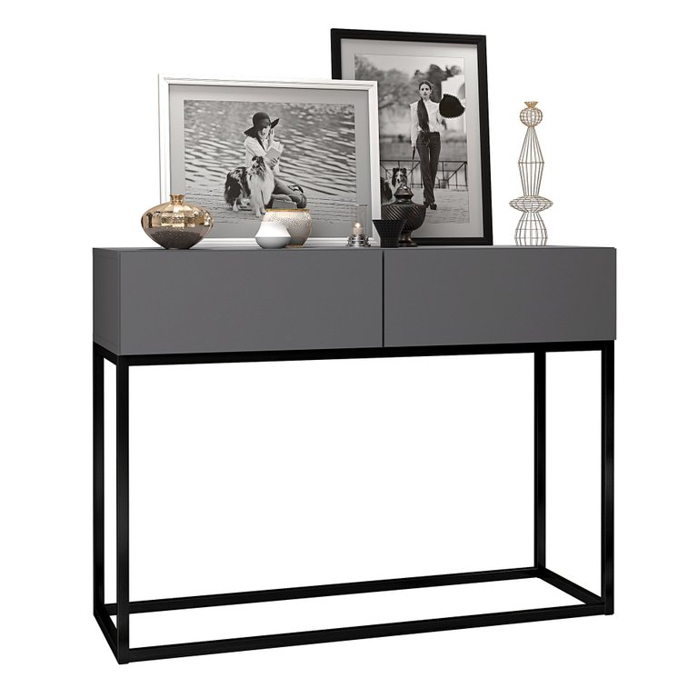 Aparador Buffet para Hall de Entrada Pequeno Eros 90cm Moderno 2 Gavetas Espaçosas Cinza Fosco