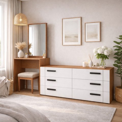 Conjunto Cômoda Auxiliar e Penteadeira 6 Gavetas 210cm Lisboa Politorno Móveis