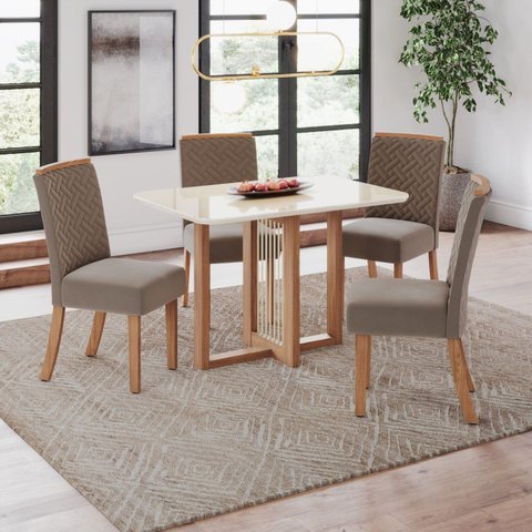 Conjunto Érika Mesa 120 cm Canto Arredondado com Vidro 4 Cadeiras Espresso Móveis Off White/Nature/Marrom Amêndoa