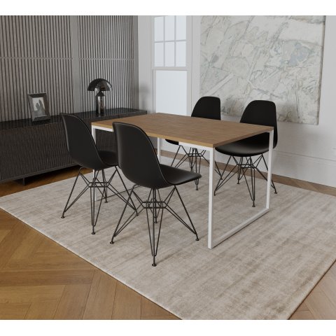 Mesa Industrial Base Ferro Branco Tampo 137x90 Amendoa 4 Cadeiras Eames Ferro Preto Assento Preto
