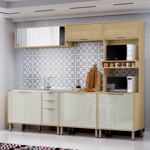 Cozinha Modulada Glória 5 Peças com Aéreo 1200 Portas Deslizantes e Torre 2 Fornos Bege/Castanho/Off White