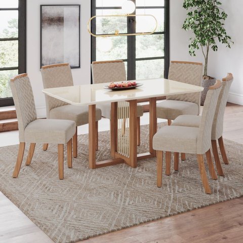 Conjunto Sala de Jantar Érika Mesa 160 cm Canto Arredondado com Vidro 6 Cadeiras Espresso Móveis Off White/Nature/Linho