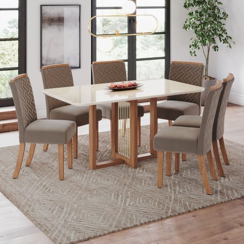 Conjunto Érika Mesa 160cm Canto Arredondado com Vidro 6 Cadeiras Espresso Móveis Off White/Nature/Marrom Amêndoa
