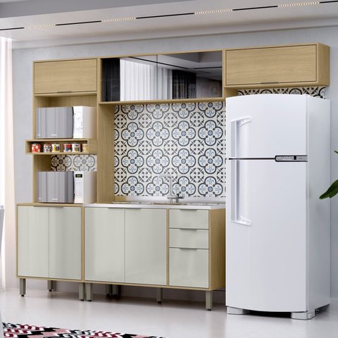 Cozinha Modulada Glória 4 Peças com Aéreo 1200 Portas Deslizantes e Torre 2 Fornos Bege/Castanho/Off White