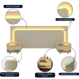 Cabeceira Box Casal com 2 Mesas de Cabeceira com Led Innova 100% MDF - 6