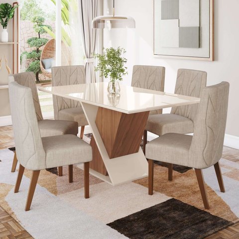 Conjunto Sala Jantar Letícia Mesa 160 cm Canto Reto com Vidro 6 Cadeiras Espresso Móveis Off White/Nature
