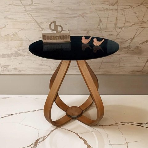 Mesa Lateral Bela Alice Redonda MDF Vidro Base Madeira 60cm Preto Decoraper