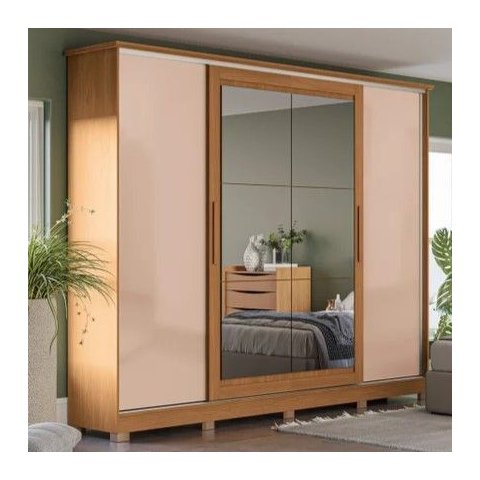 Guarda Roupa com Espelho e Pés 4 Portas de Correr 4 Gavetas Marrom/Canela/Macadâmia