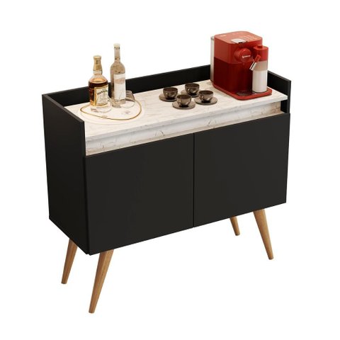 Aparador Buffet Gold Marmorizado 2 Portas Pés Madeira Maciça Preto/marmore Branco