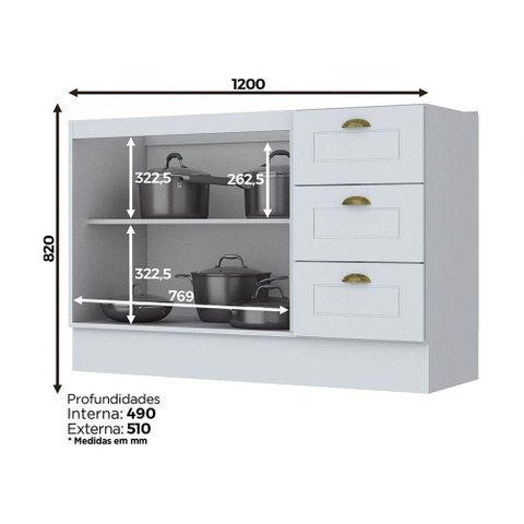 Balcão 2 Portas Clássico 120 Cm Sem Tampo Henn Branco
