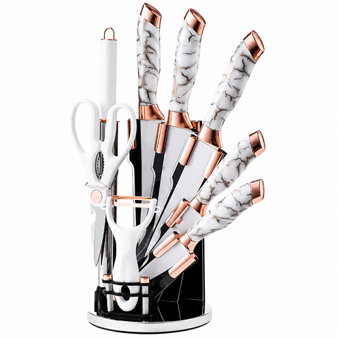 Kit de Facas Marmorizado com Acabamento Rose Gold 9 Peças