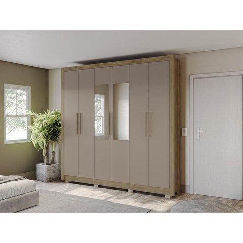 Guarda-Roupa 6 Portas e 2 Gavetas com Pés e Espelho Marrom/Nogueira/Fendi