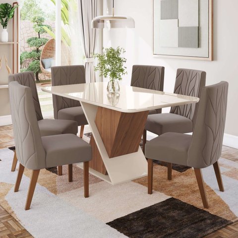 Conjunto Sala Jantar Letícia Mesa 160 cm Canto Arredondado com Vidro 6 Cadeiras Espresso Móveis Off White/Nature/Marrom Amêndoa