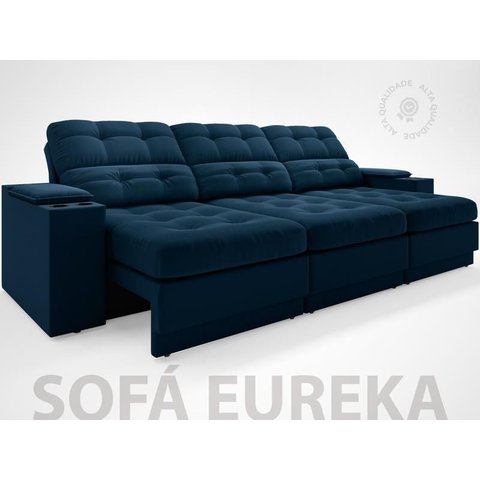 Sofá com Porta Copos e Carregador Usb Eureka 2,30m Assento Retrátil e Reclinável Velosuede Petr