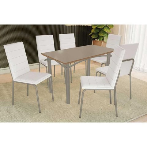 Conjunto: Mesa de Cozinha Elba Tampo Madeirado C/ Vidro 120cm e 6 Cadeiras Amsterdã Niquel/freijo