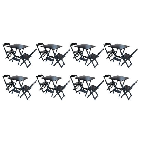 Kit 8 Jogos de Mesa Dobrável com 2 Cadeiras de Madeira 70x70 Ideal para Bar e Restaurante - Preto