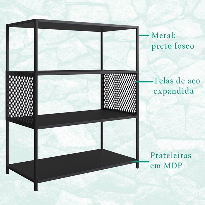 Estante Estilo Industrial 94 Cm com Tela P1024 Preto Pp - 3