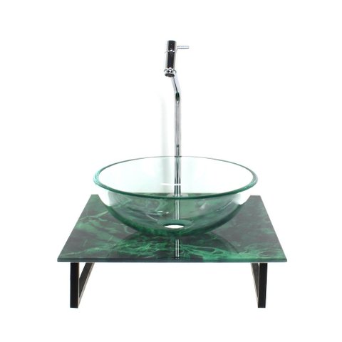 Gabinete de Vidro com Cuba Redonda Incolor com Tampo de Vidro 40cm X 40cm Mármore Verde Mais Torneir