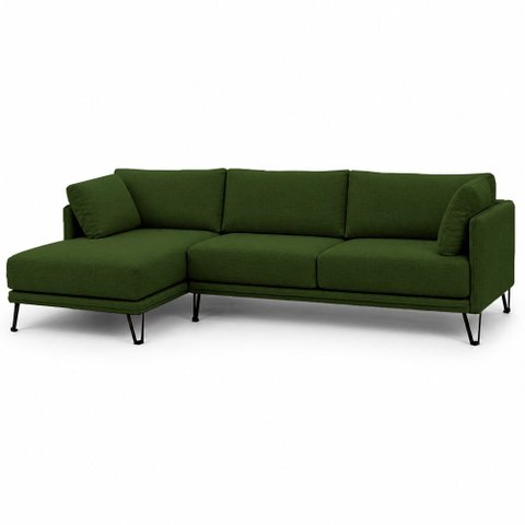 Sofá Sala de Estar Atena Chaise Esquerdo Pés de Ferro 284cm 5 Lugares Linho Verde M1 - Monari Design