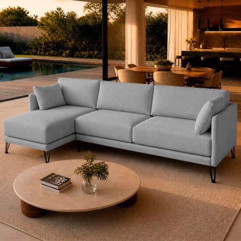 Sofá Sala de Estar Atena Chaise Esquerdo Pés de Ferro 284cm 5 Lugares Linho Verde M1 - Monari Design