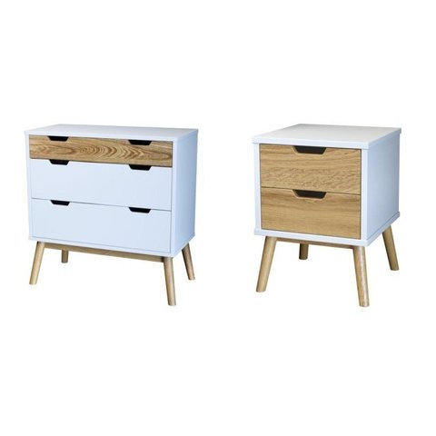 Cômoda e Mesa de Cabeceira Lara Branco/Pinus Cera