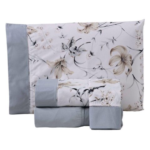 Jogo Cama Lençol Encanto King Estampado Percal 180 Fios C/ Ponto Palito 4 Peças - Floral - Cinza