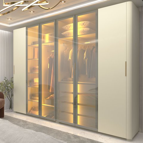 Guarda-Roupa Casal 6 Portas com 4 Portas Reflecta com Pés com LED Innova 100% MDF Branco/Off White