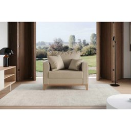 Poltrona Beny Base em Madeira Maciça Recepção Linho Bege Kimi Design - 4