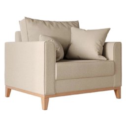 Poltrona Beny Base em Madeira Maciça Recepção Linho Bege Kimi Design - 1