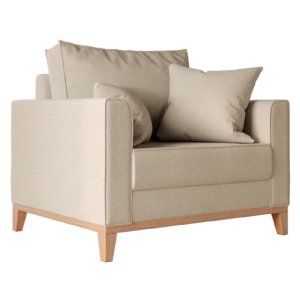 Poltrona Beny Base em Madeira Maciça Recepção Linho Bege Kimi Design
