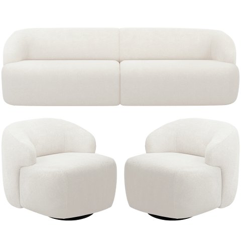 Sofá 3 Lugares Curvo Orgânico com 02 Poltronas para Sala Living 220cm Barolo L06 Bouclê Branco - Lya