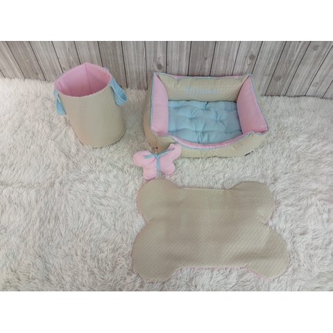 Kit Pet Caes e Gatos Cesto Organizador Baby Bege Cama P Personalizada Jogo Americano Baby Bege Camin