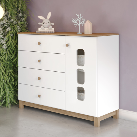 Cômoda 1 Porta 4 Gavetas com Frentes em MDF Vidro Branco/Jequitibá HP Aconchego 