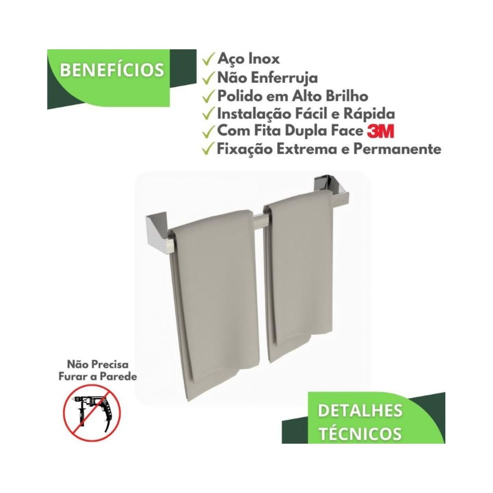 Porta Toalha de Banho Parede Banheiro Adesivo 3m Inox F.df - 6