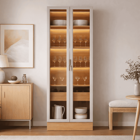 Cristaleira Vidro Cozinha 2 Porta com Led Mdf Jequitibá/gris