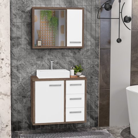 Gabinete para Banheiro com Cuba de Sobrepor e Espelheira 60cm Turin Branco/Avelato