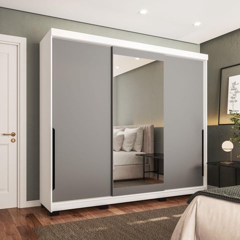 Roupeiro Madri 3 Portas de Correr com Espelho 217x213cm Cinza/Branco 250831
